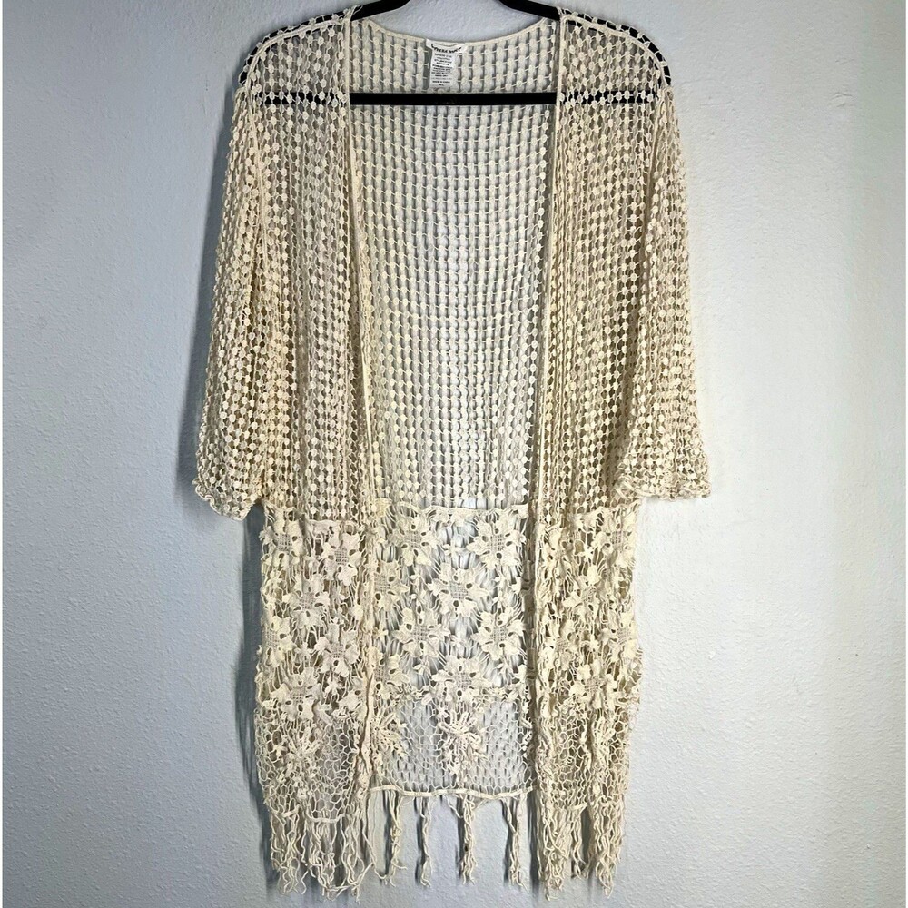 breeze evr Women’s Kimono Crochet Lace Fringe Open Front Beige Size M/L